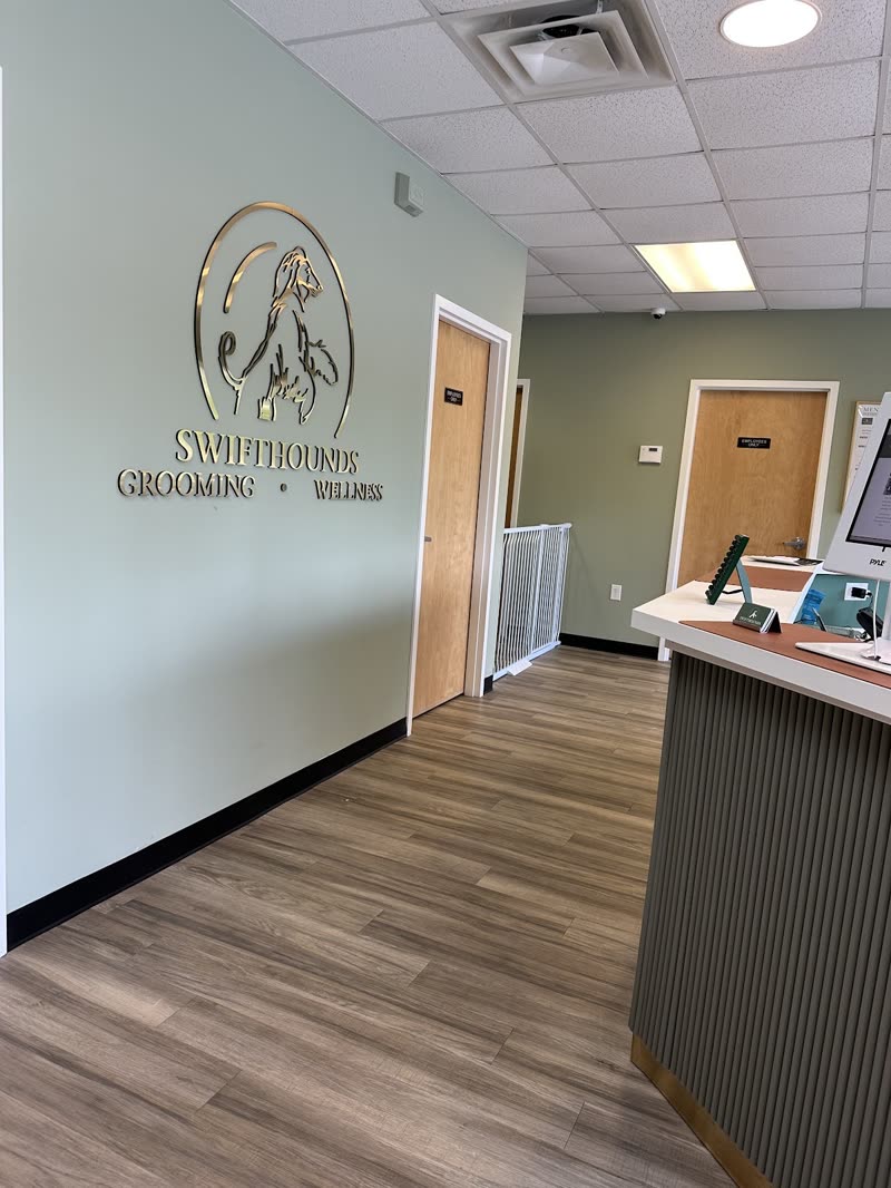 The Swifthounds reception area with wood floor, sage walls and front desk